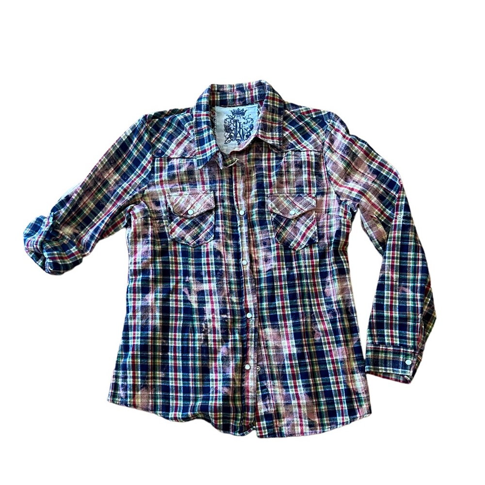 Burnout plaid flannel shirt with pearl snaps